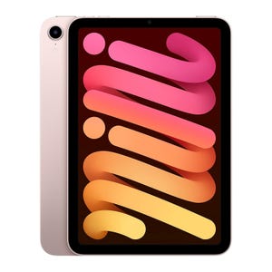 Rose gold tablet with a colorful abstract wallpaper on the screen.