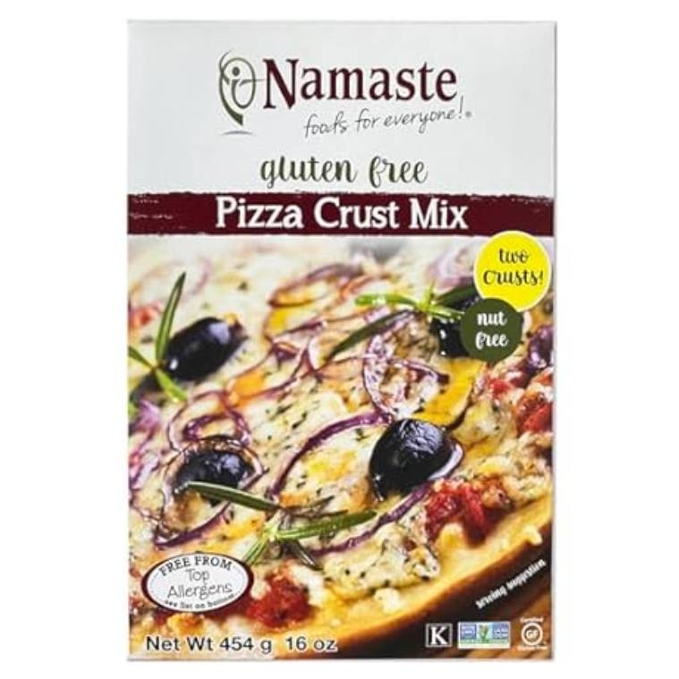 Namaste Foods Gluten Free Pizza Crust Mix is nut-free and makes two crusts. It is certified gluten-free and free from top allergens. Package size: 454g (16oz).