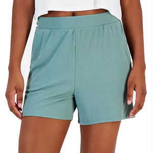 Casual, ribbed pull-on lounge shorts in a light blue-green color, featuring an elastic waistband for comfortable wear.