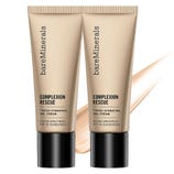 2-pack of bareMinerals Complexion Rescue Tinted Hydrating Gel Cream with Broad Spectrum SPF 30 sunscreen, featuring a neutral beige packaging with black caps and a light swipe of cream in the background.