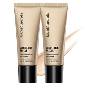 2-pack of bareMinerals Complexion Rescue Tinted Hydrating Gel Cream with Broad Spectrum SPF 30 sunscreen, featuring a neutral beige packaging with black caps and a light swipe of cream in the background.