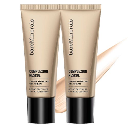 2-pack of bareMinerals Complexion Rescue Tinted Hydrating Gel Cream with Broad Spectrum SPF 30 sunscreen, featuring a neutral beige packaging with black caps and a light swipe of cream in the background.