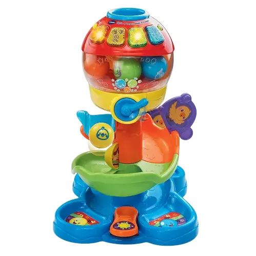 A colorful, interactive children's toy featuring a gumball-style design with lights, music, and spinning balls designed to entertain and engage young children.
