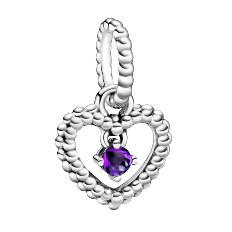 Silver heart-shaped charm with a beaded texture and a small hanging purple gemstone in the center.