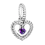 Silver heart-shaped charm with a beaded texture and a small hanging purple gemstone in the center.