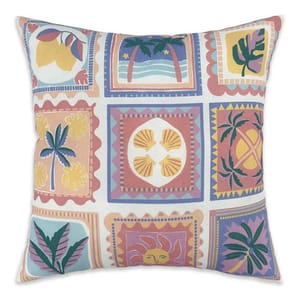 Decorative throw pillow with a colorful patchwork design featuring tropical themes such as palm trees, lemons, seashells, and sun motifs.
