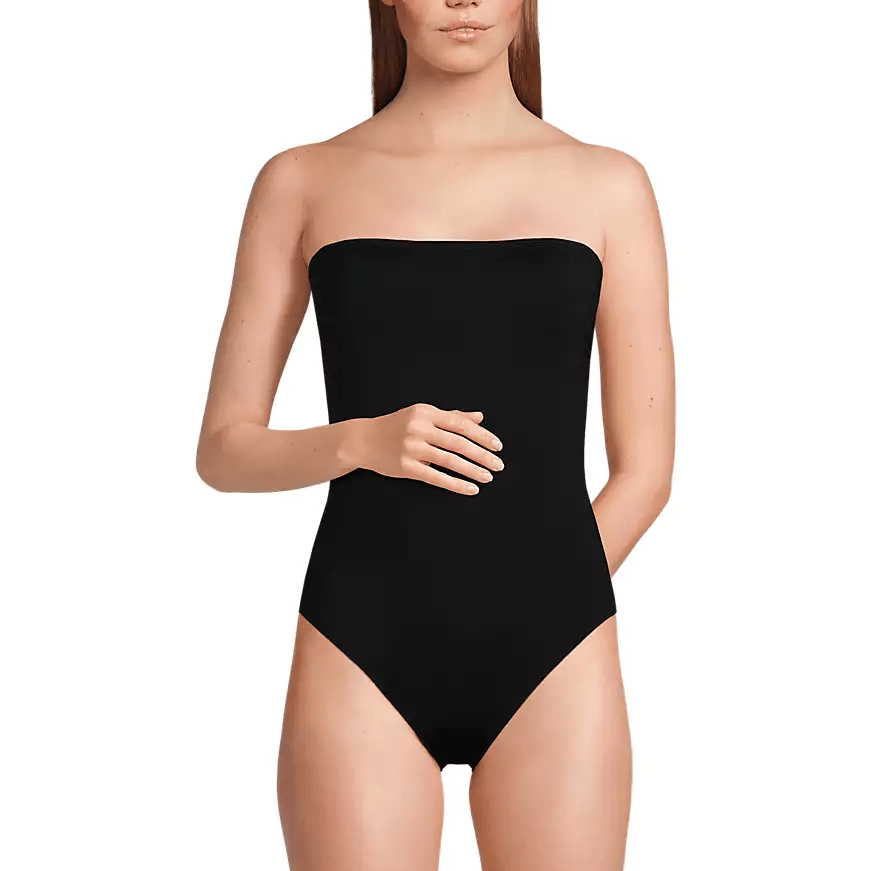 A strapless black one-piece swimsuit is shown, featuring a sleek and simple design.