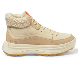 Beige mid-top boots with a plush collar, lace-up front, and a chunky two-tone cream and yellow sole. The side features the embossed brand name SOREL.