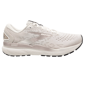 Brooks Ghost 16 Running Shoes feature a soft, neutral design with a light cream color, perforated breathable upper, cushioned midsole, and black rubber outsole for traction.
