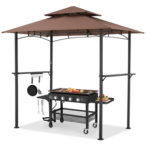 Steel grill gazebo with a vented brown canopy, featuring a black metal frame, shelves, utensil hooks, and a bottom storage rack. Beneath it is a black grill with four burners and grilling tools. Ideal for outdoor cooking and protection from the elements.