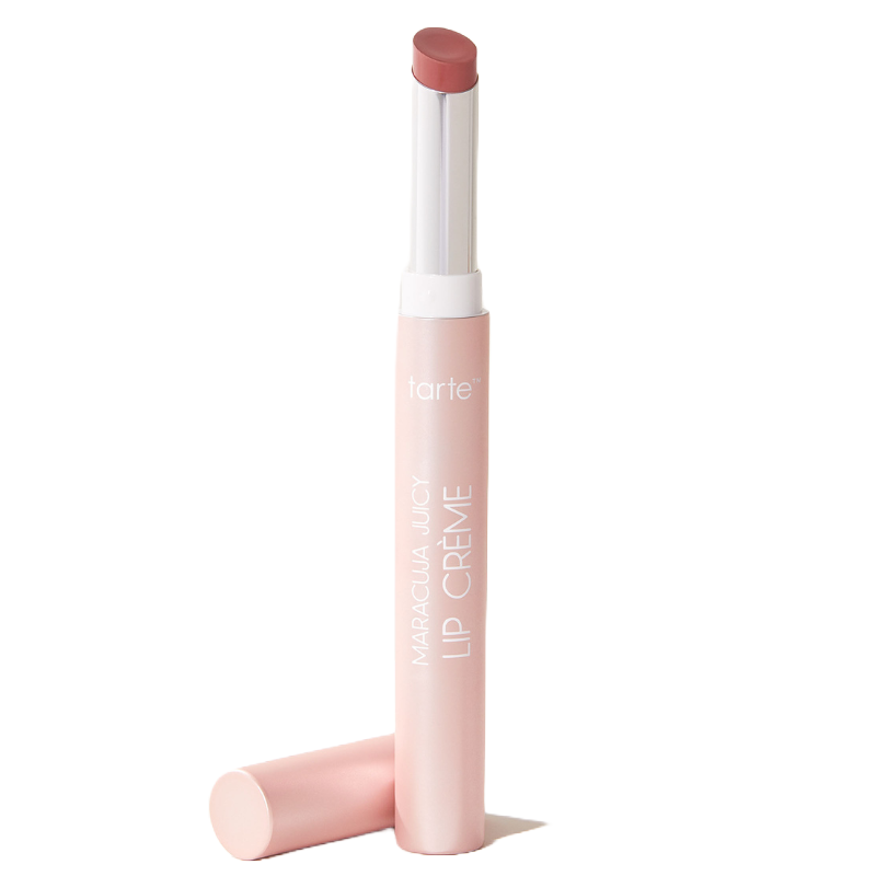 Tarte Maracuja Juicy Lip Crème in a slim, pink tube with a cap off, revealing a mauve-colored lip product.