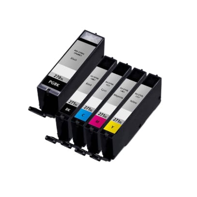 Set of Canon printer ink cartridges including PGI-270 and CLI-271 models in black, cyan, magenta, and yellow, arranged side by side.