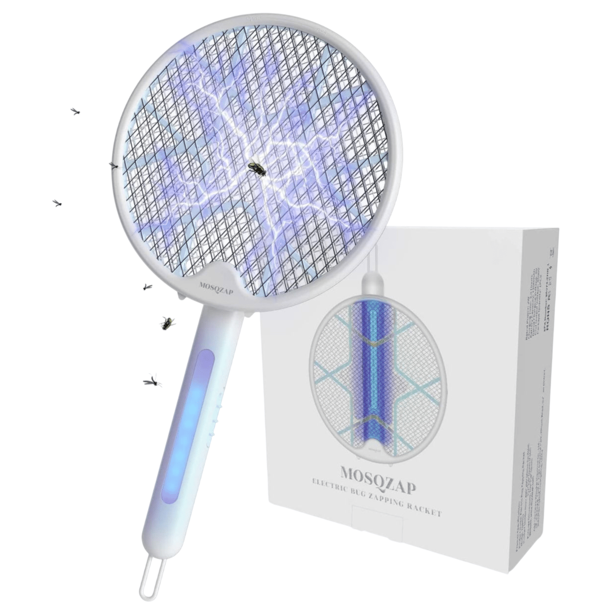 Electric bug-zapping racket with a grid design and handle, labeled \“MOSQZAP,\“ shown with its packaging.