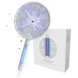 Electric bug-zapping racket with a grid design and handle, labeled \“MOSQZAP,\“ shown with its packaging.