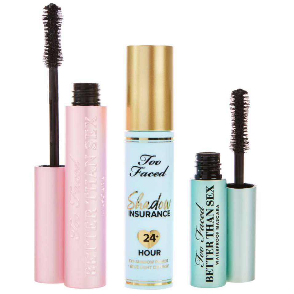 Too Faced cosmetics include Better Than Sex mascara in pink and turquoise tubes, and Shadow Insurance eye primer with 24-hour blue light defense in a blue and gold tube.