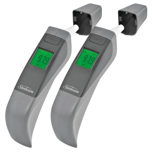 Digital thermometers with protective caps, displaying a temperature of 97.9°F.