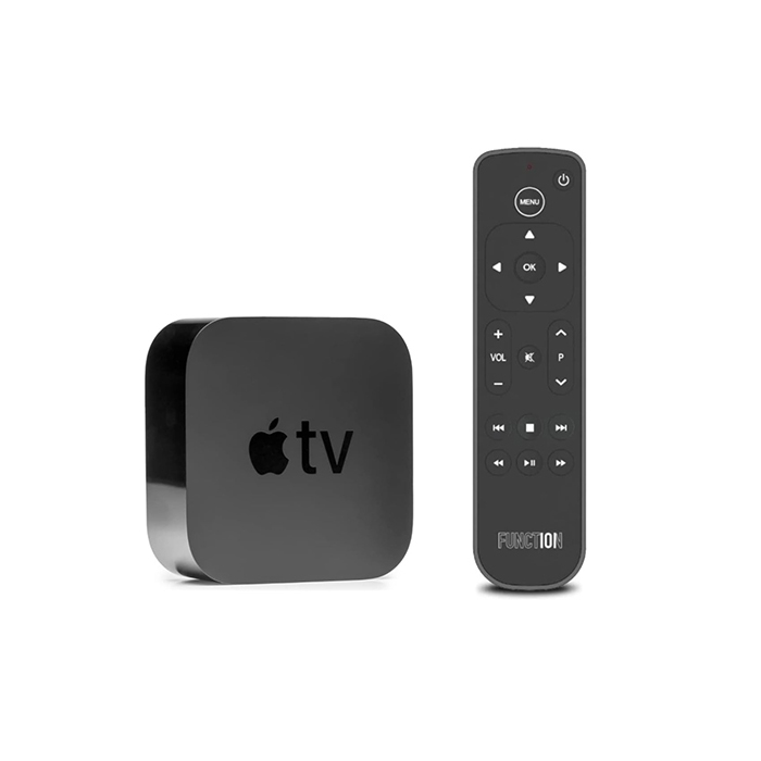 Apple TV with Function101 remote featuring a minimalist design with an array of buttons, including navigation arrows, volume control, play/pause, and input options, compatible with Apple TV for enhanced usability.