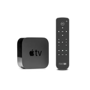 Apple TV with Function101 remote featuring a minimalist design with an array of buttons, including navigation arrows, volume control, play/pause, and input options, compatible with Apple TV for enhanced usability.