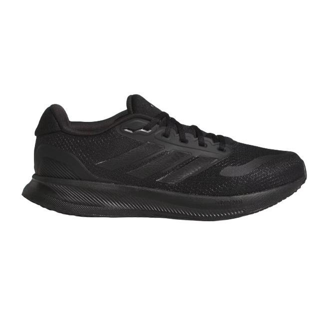 Black athletic shoe with a mesh upper, featuring a subtle three-stripe design on the side and a cushioned sole for comfort.