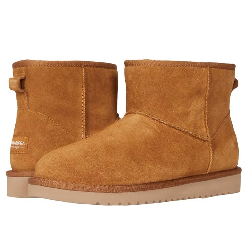 Koolaburra by UGG Mini Suede Boots feature a tan suede upper with a short, ankle-high design. They have a plush interior lining and a sturdy, textured sole for added grip.