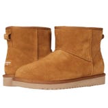 Koolaburra by UGG Mini Suede Boots feature a tan suede upper with a short, ankle-high design. They have a plush interior lining and a sturdy, textured sole for added grip.