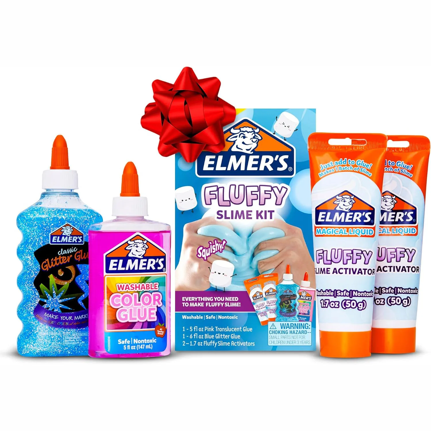 Elmer's Fluffy Slime Kit includes 5 fl oz pink translucent glue, 6 fl oz blue glitter glue, and two 1.7 oz fluffy slime activators, all safe and non-toxic. A large red bow is attached to the package.