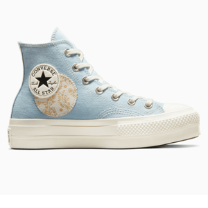 Blue high-top canvas sneaker with white laces and a thick white sole.