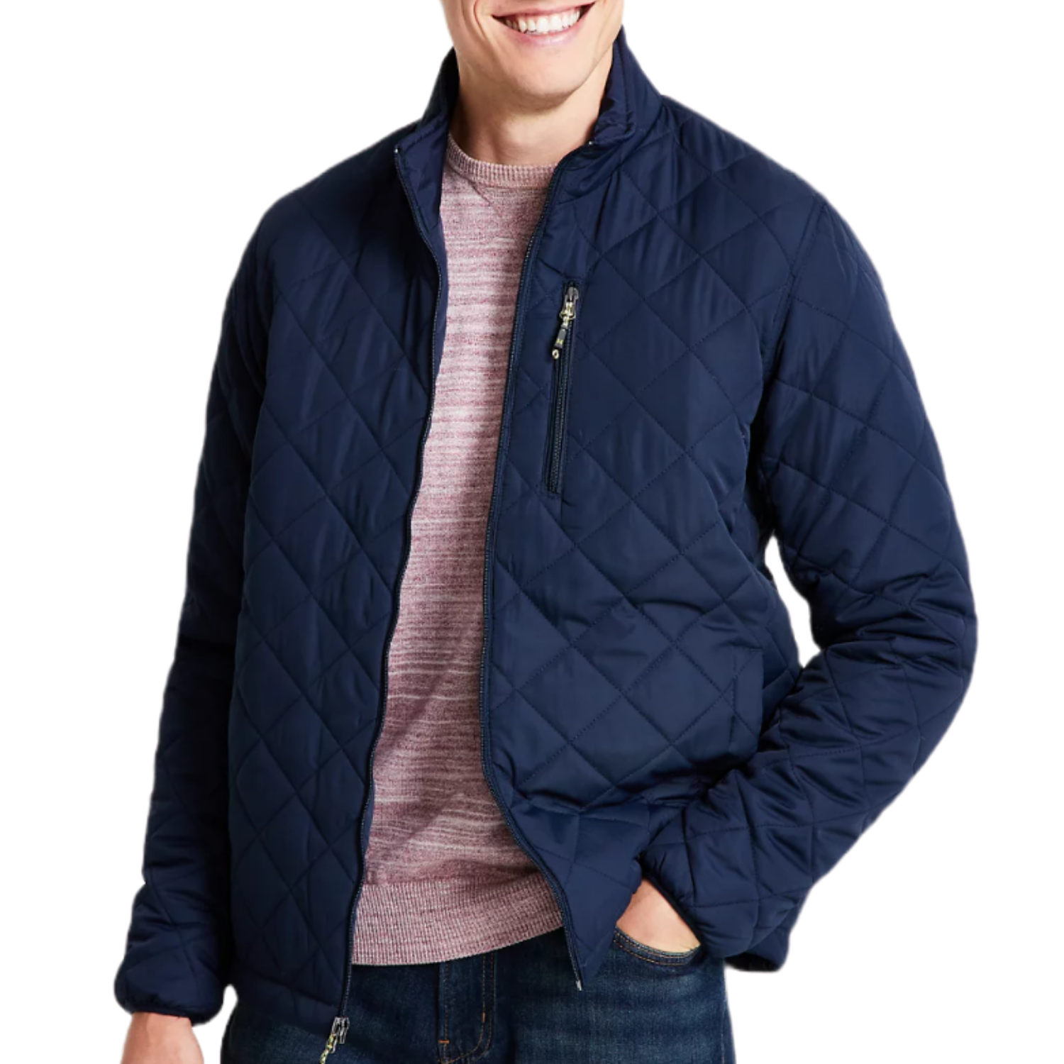 The Hawke & Co. Diamond Quilted Jacket features a navy diamond pattern, zippered chest pocket, and a fitted design. It's layered over a light pink sweater and paired with jeans.