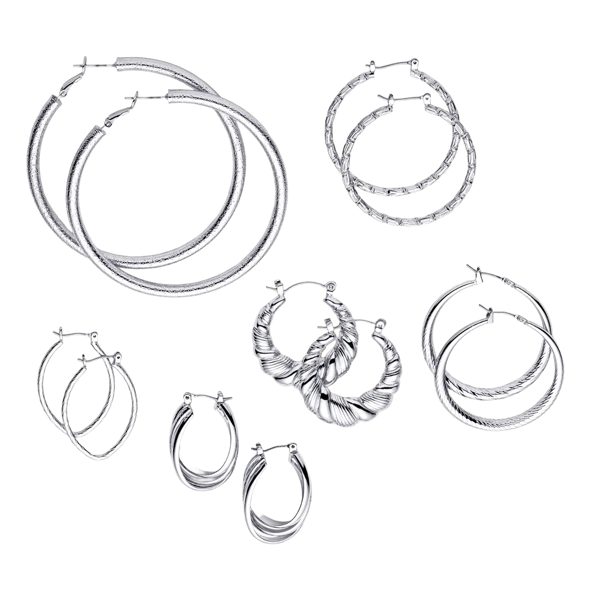 A collection of silver hoop earrings in various designs and sizes, including twisted and textured patterns.
