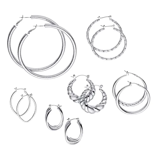 A collection of silver hoop earrings in various designs and sizes, including twisted and textured patterns.