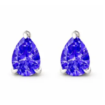 Pair of teardrop-shaped blue gemstone earrings set in a silver-tone clasp.