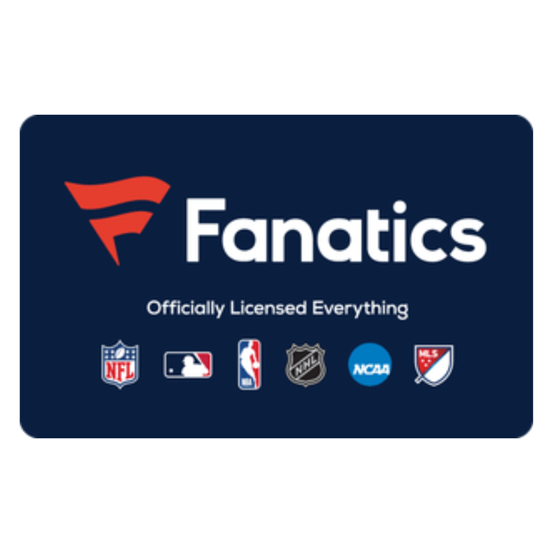 A Fanatics brand logo with text and logos of various sports leagues like NFL, NBA, NHL, NCAA, and MLS.