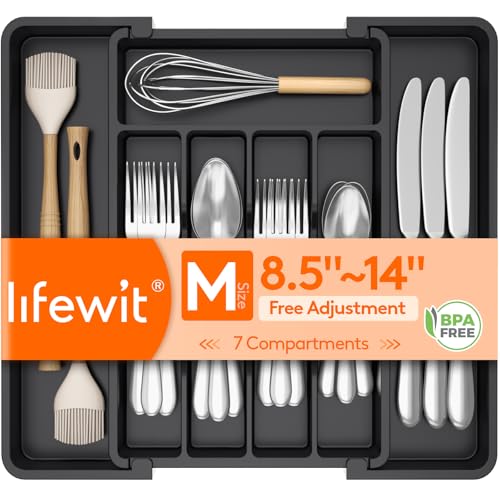 Expandable utensil organizer with 7 compartments, adjustable from 8.5 to 14 inches, BPA-free.