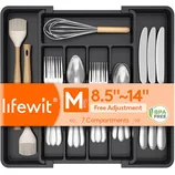Expandable utensil organizer with 7 compartments, adjustable from 8.5 to 14 inches, BPA-free.