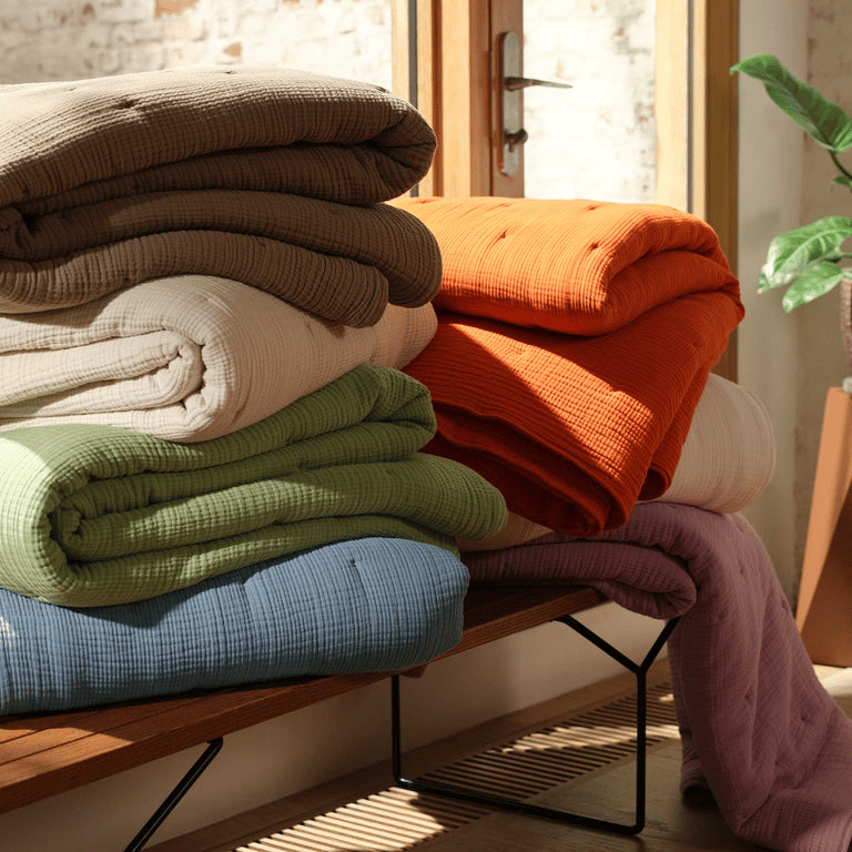 A stack of folded, textured blankets in various colors, including brown, orange, white, green, blue, and lavender, sits on a wooden bench in a sunlit room.