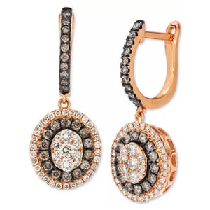 Le Vian 1ct Diamond Drop Earrings feature rose gold with round chocolate and white diamonds, arranged in a circular design with a lever-back closure.