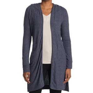 A lightweight, long-sleeve, open-front hooded duster with a relaxed fit, featuring two front pockets and a soft knit fabric in a dark grey color.