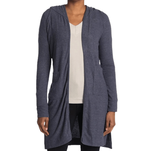 A lightweight, long-sleeve, open-front hooded duster with a relaxed fit, featuring two front pockets and a soft knit fabric in a dark grey color.