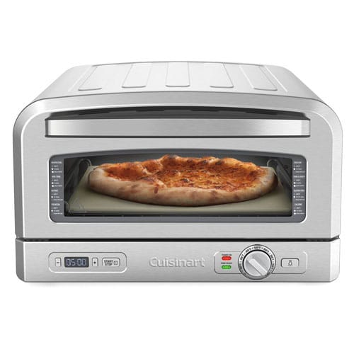 A countertop pizza oven with a stainless steel design, featuring a glass door showing a pizza inside.