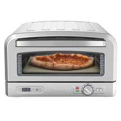 A countertop pizza oven with a stainless steel design, featuring a glass door showing a pizza inside.