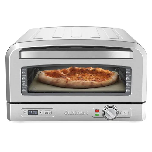A countertop pizza oven with a stainless steel design, featuring a glass door showing a pizza inside.