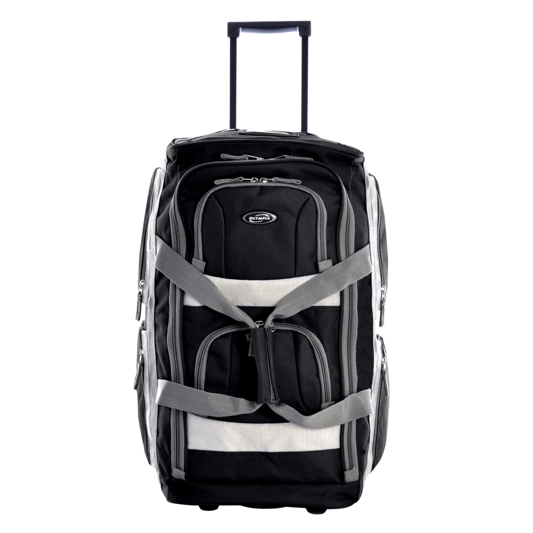 Black and gray 8-pocket rolling duffel bag with a retractable handle, multiple zipper compartments, and side pockets for organized packing.