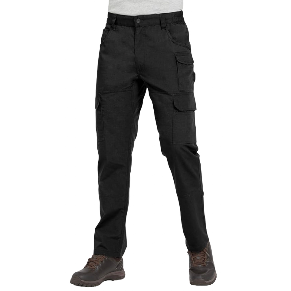 Men's black cargo pants with a straight-leg design, featuring multiple pockets, including side cargo pockets, front and back pockets. They have belt loops, a zip fly, and are paired with brown lace-up shoes.