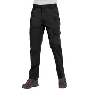 Men's black cargo pants with a straight-leg design, featuring multiple pockets, including side cargo pockets, front and back pockets. They have belt loops, a zip fly, and are paired with brown lace-up shoes.