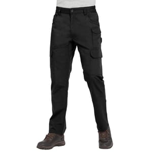 Men's black cargo pants with a straight-leg design, featuring multiple pockets, including side cargo pockets, front and back pockets. They have belt loops, a zip fly, and are paired with brown lace-up shoes.