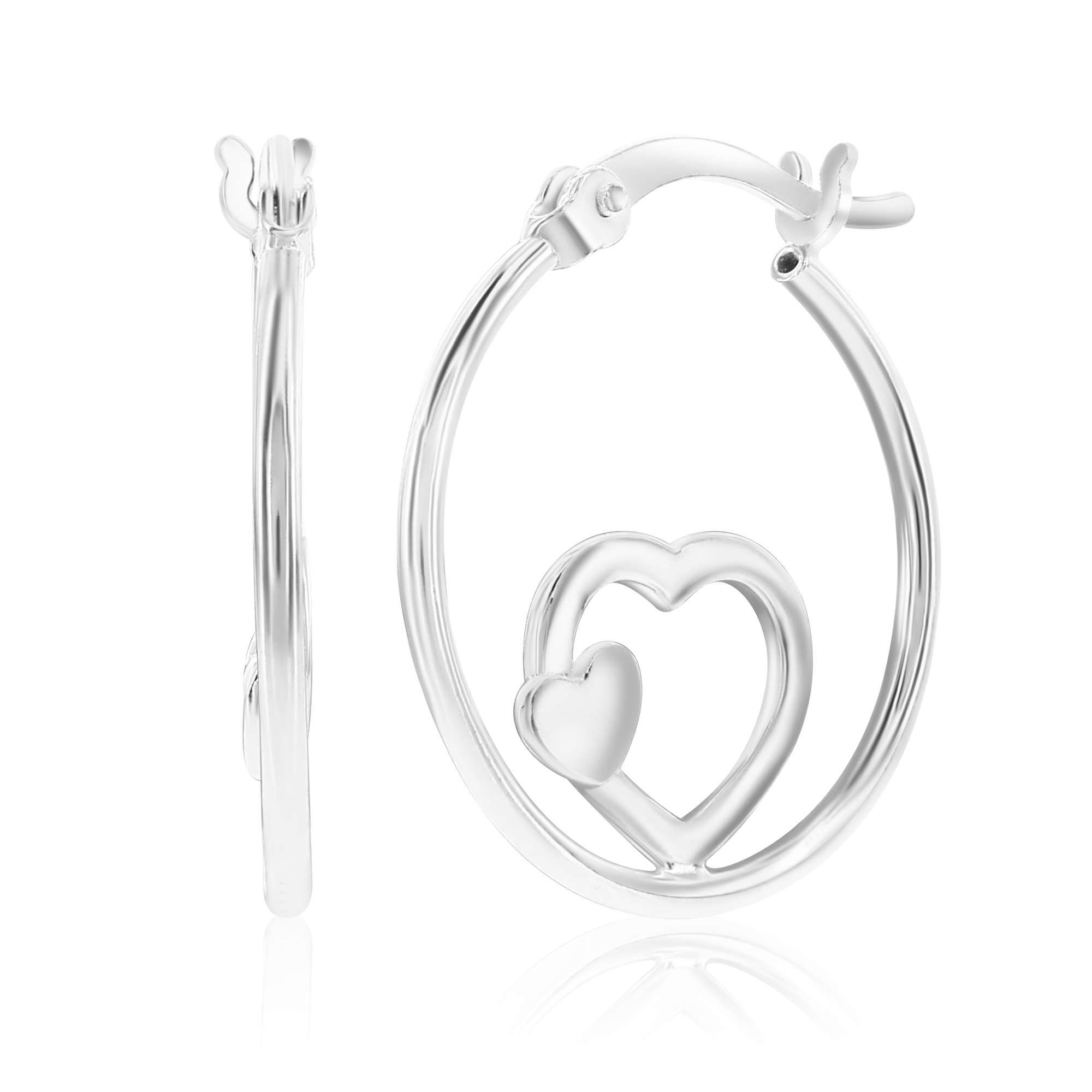 Silver hoop earrings featuring a heart design in the center, with a lever-back closure.
