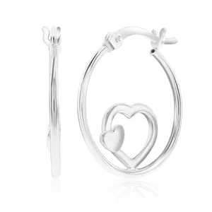 Silver hoop earrings featuring a heart design in the center, with a lever-back closure.