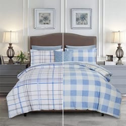 A bedroom setup shows a split design comparing two different blue and white plaid bedding sets, each on a bed with a gray headboard, flanked by lamps and nightstands.