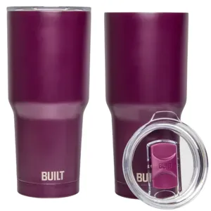 Two dark purple insulated tumblers with clear lids are displayed. The brand \“Built\“ is visible on the bottom of the tumblers.