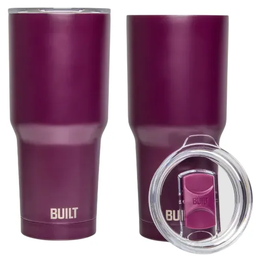 Two dark purple insulated tumblers with clear lids are displayed. The brand \“Built\“ is visible on the bottom of the tumblers.